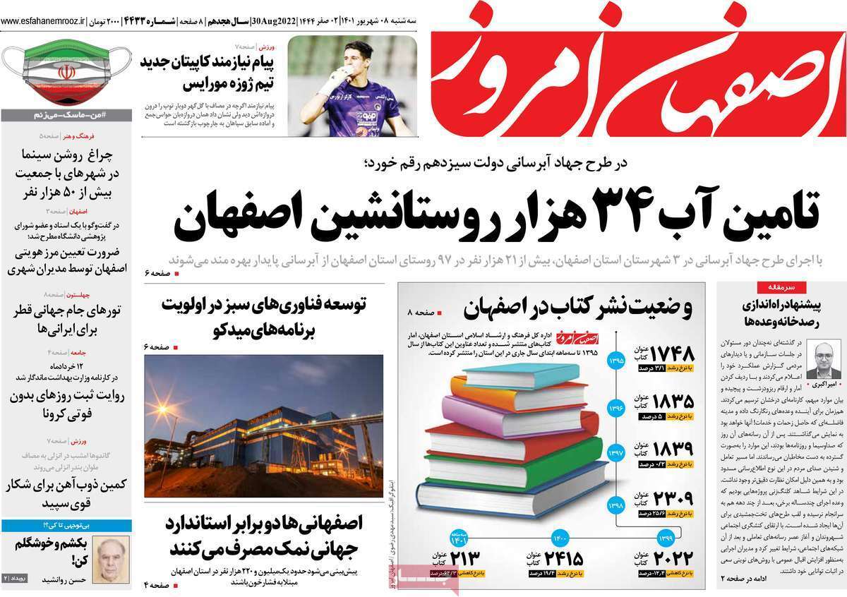 صفحه نخست روزنامه&zwnj;های اصفهان - سه شنبه ۸ شهریور