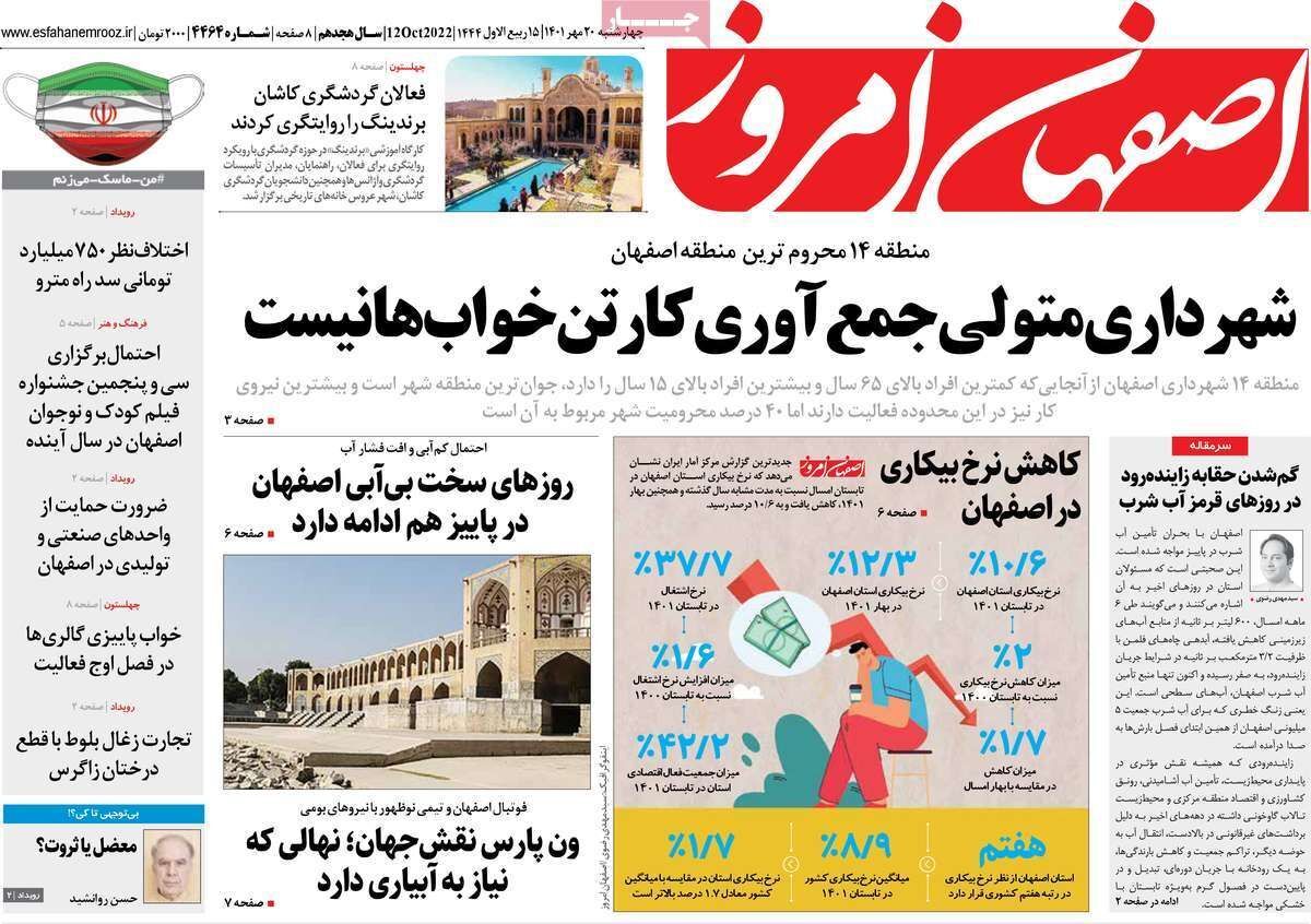 صفحه نخست روزنامه&zwnj;های اصفهان - چهارشنبه ۲۰ مهر