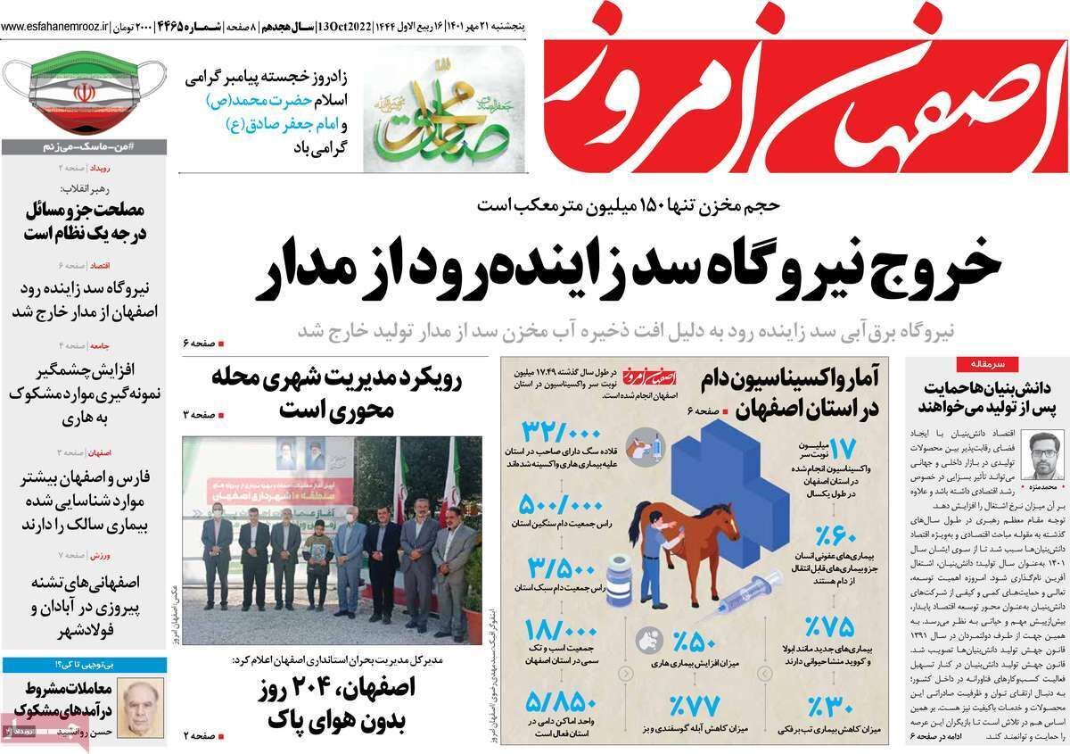 صفحه نخست روزنامه&zwnj;های اصفهان - پنج شنبه ۲۱ مهر