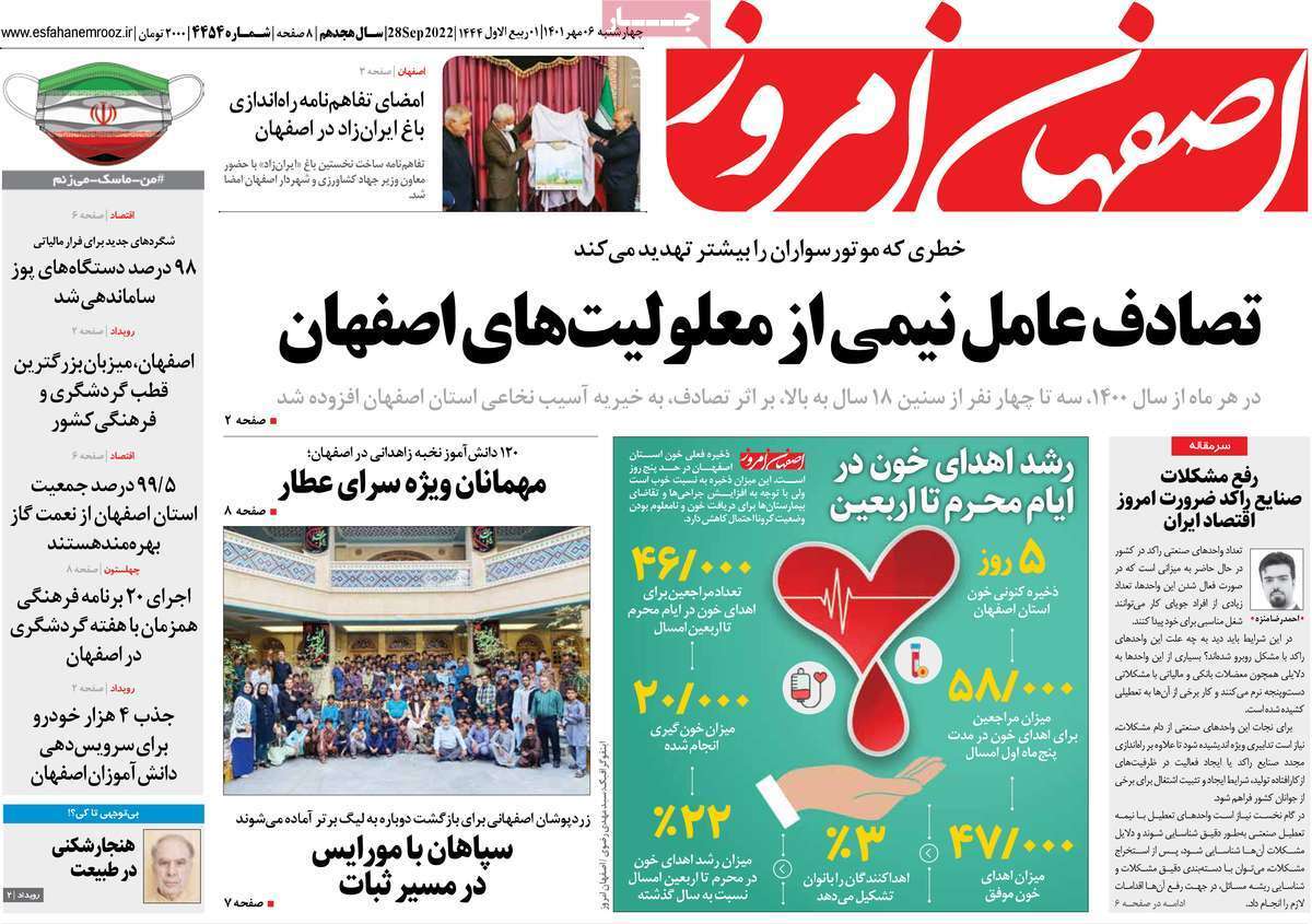 صفحه نخست روزنامه&zwnj;های اصفهان - چهارشنبه ۶ مهر