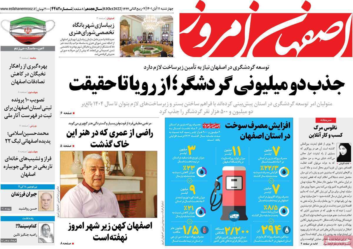 صفحه نخست روزنامه&zwnj;های اصفهان - چهارشنبه ۱۱ آبان