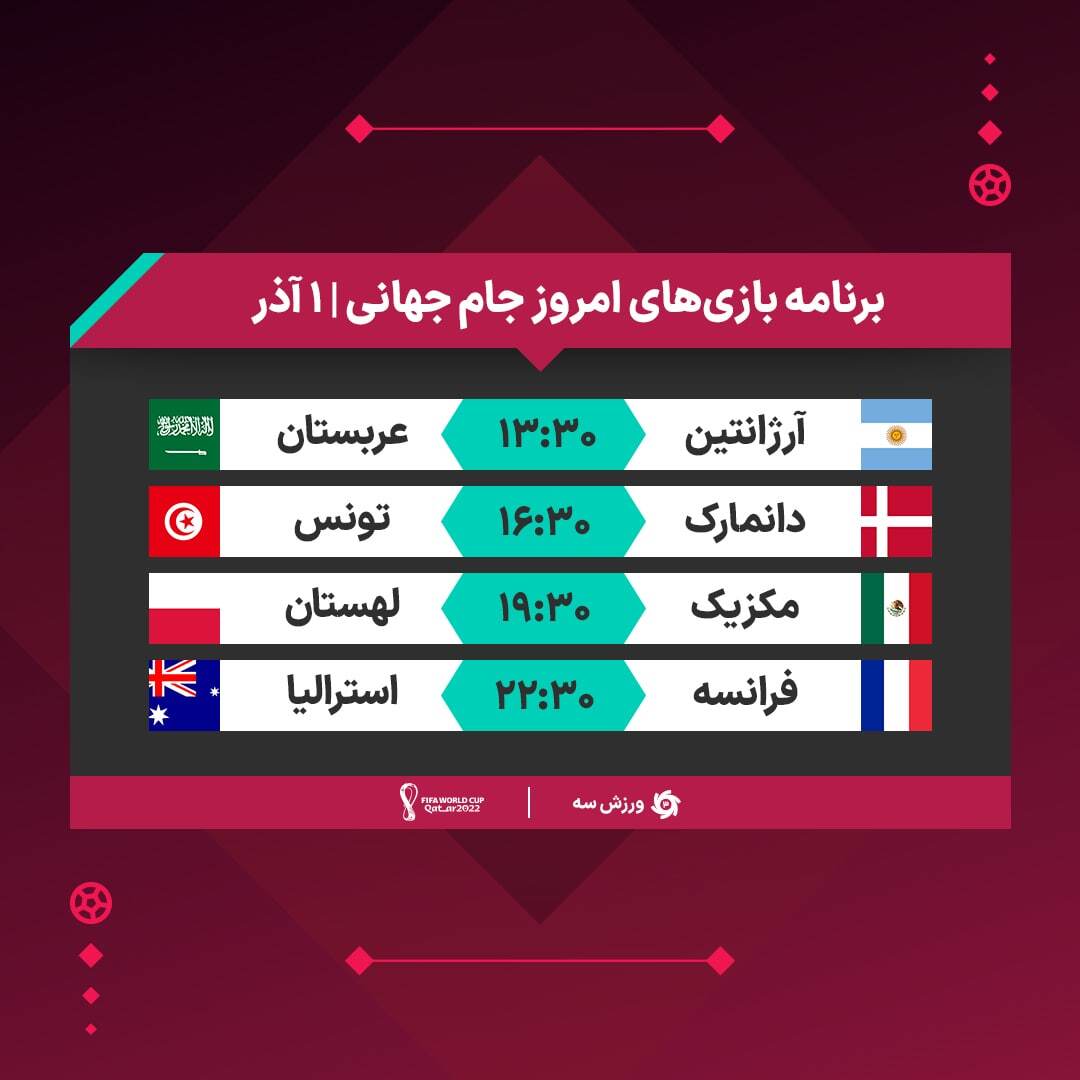برنامه بازیهای مرحله گروهی جام جهانی ۲۰۲۲ قطر در یکم آذرماه برنامه بازیهای مرحله گروهی جام جهانی ۲۰۲۲ قطر در یکم آذرماه