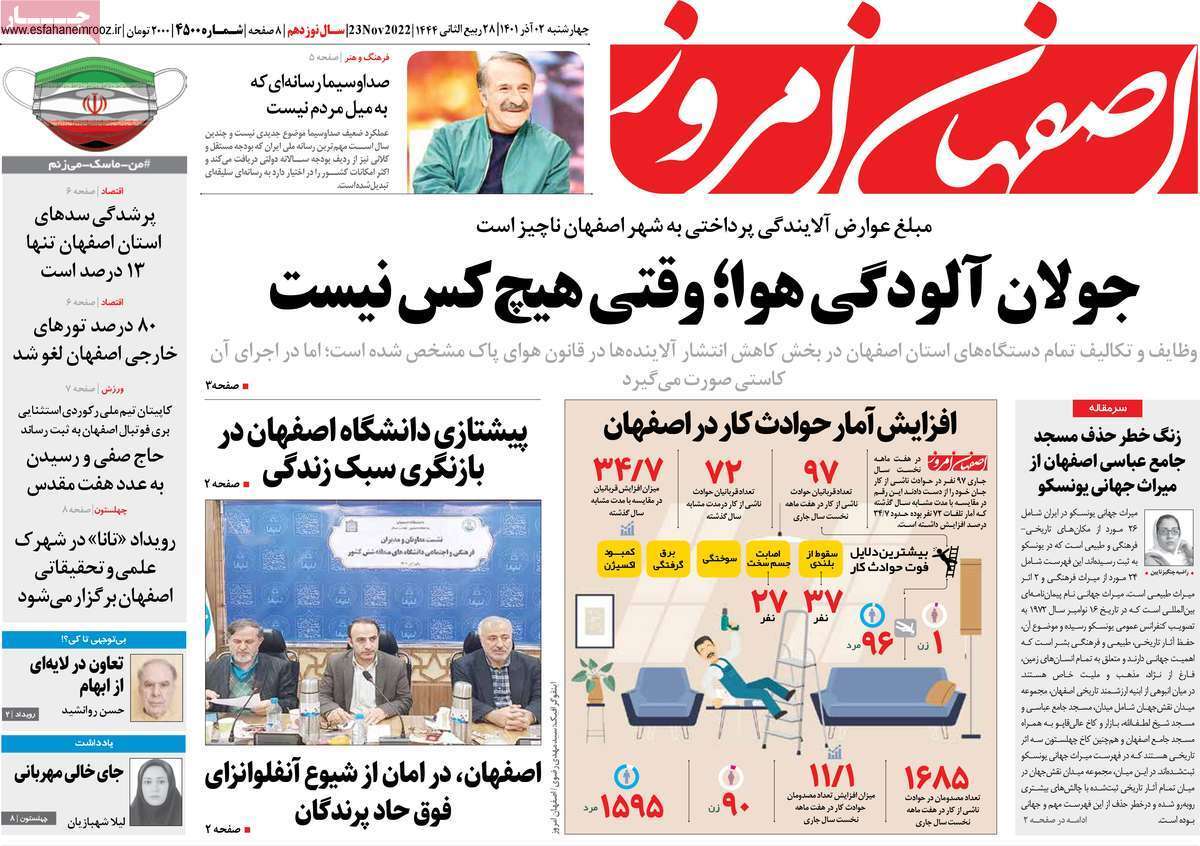 صفحه نخست روزنامه&zwnj;های اصفهان - چهارشنبه ۲ آذر