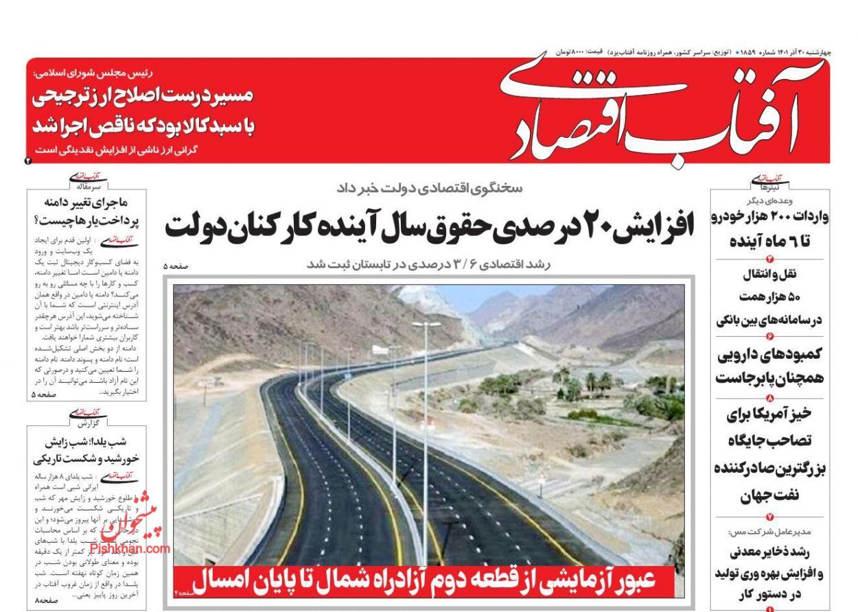 صفحه نخست روزنامه آفتاب اقتصادی