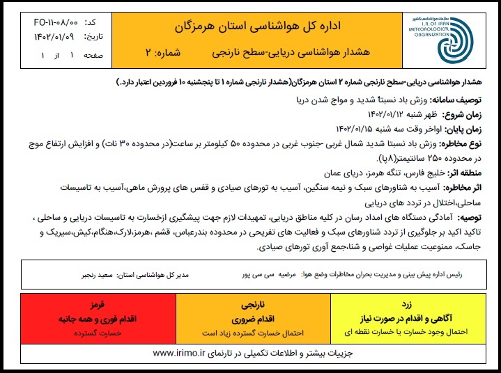 هشدار دریایی سطح نارنجی هواشناسی هرمزگان