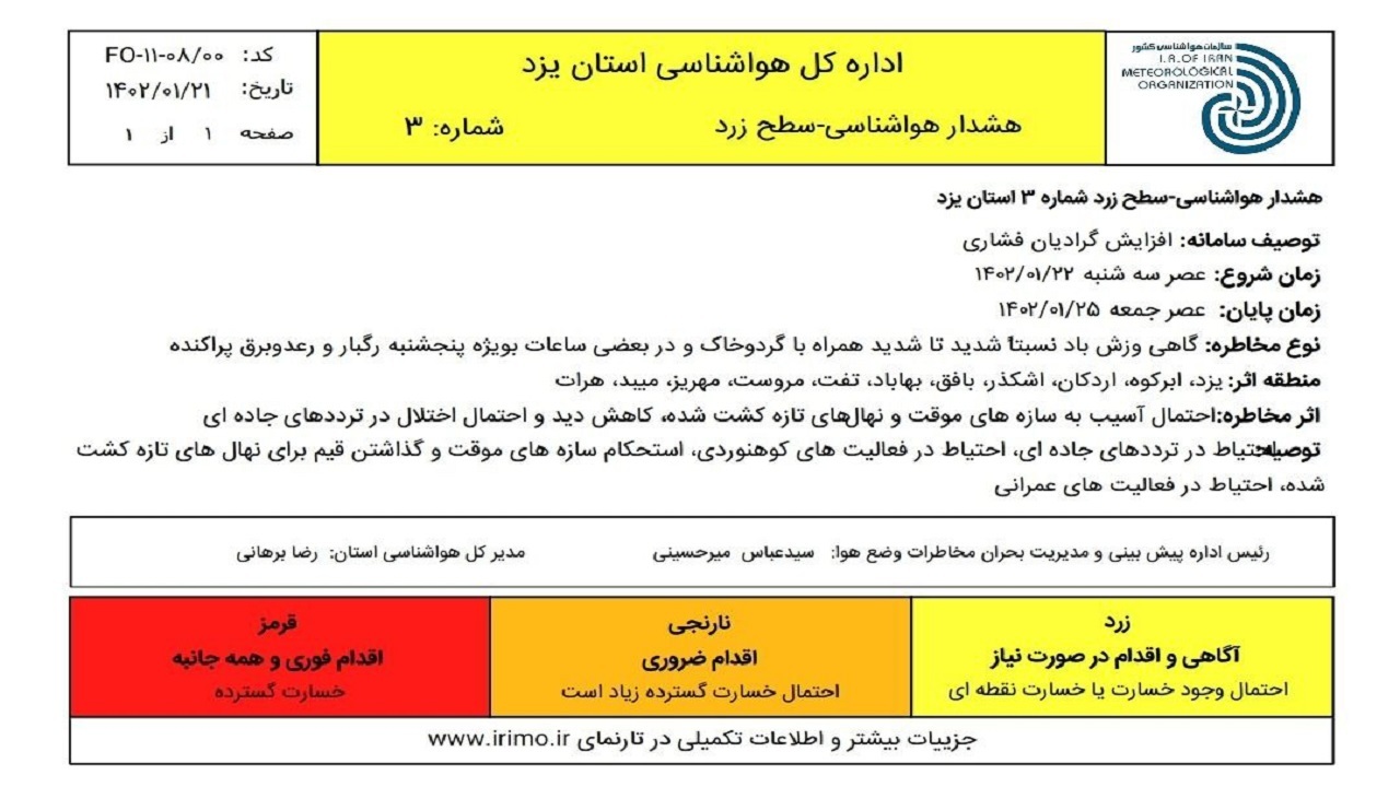 صدور هشدار سطح زرد هواشناسی برای استان یزد