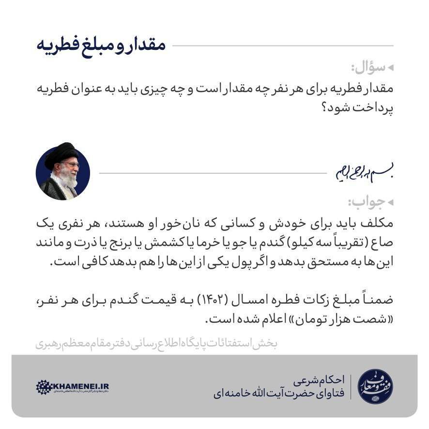 مبلغ فطریه ۱۴۰۲ از سوی رهبر انقلاب
