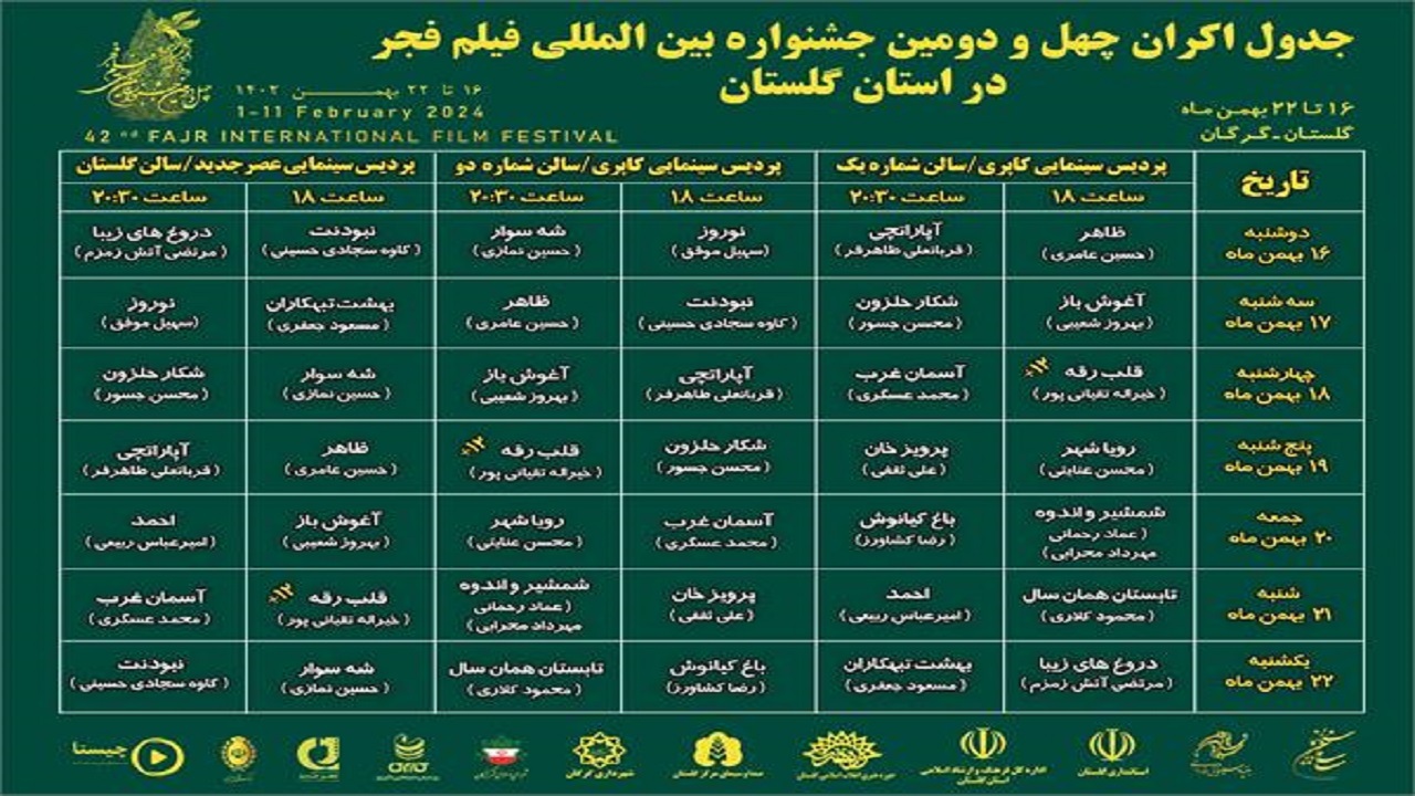 اعلام جدول زمان بندی اکران فیلم چهل و دومین جشنواره فیلم فجر در گلستان