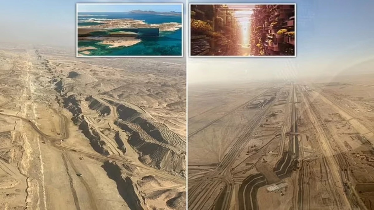 تصاویر هوایی جدید از مقیاس باورنکردنی پروژه‌ آسمانخراش افقی عربستان + فیلم