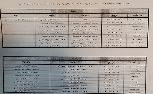 اعلام زمان پخش برنامه&zwnj;های تبلیغاتی نامزد&zwnj;های مجلس خبرگان رهبری خراسان جنوبی
