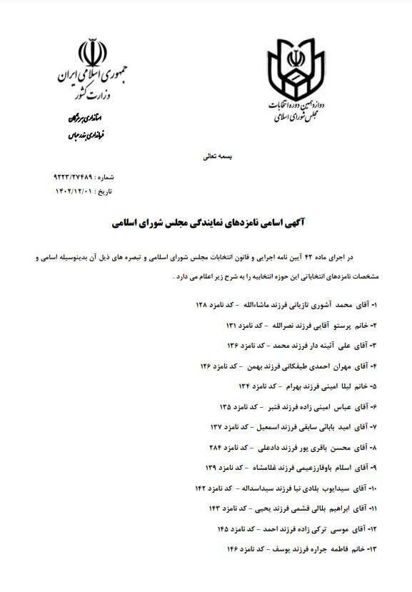 اسامی نهایی نامزدهای انتخابات مجلس حوزه مرکزی وشرق هرمزگان