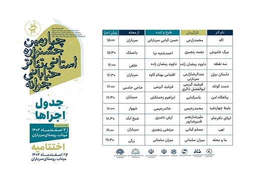 اعلام زمانبندی اجرای جشنواره تئاتر خیابانی جوانه در هرمزگان اعلام زمانبندی اجرای جشنواره تئاتر خیابانی جوانه در هرمزگان