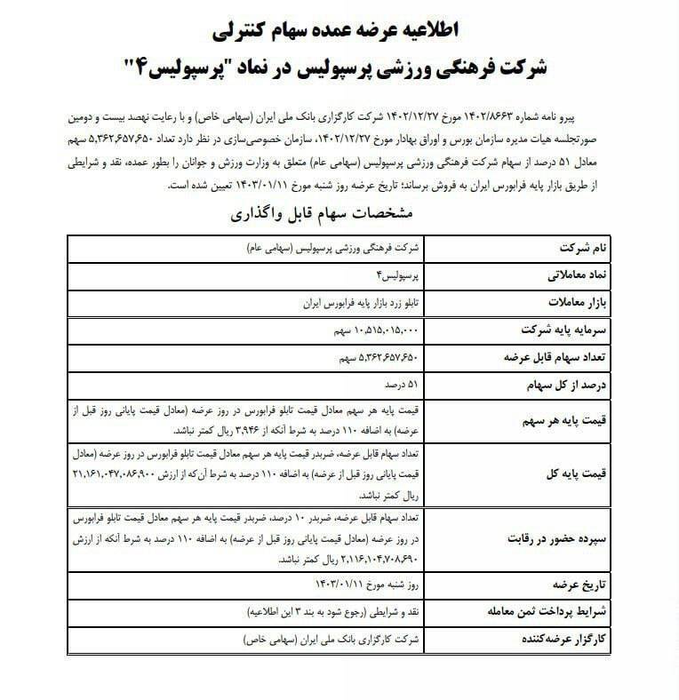 اطلاعیه عرضه عمده سهام کنترلی اطلاعیه عرضه عمده سهام کنترلی
