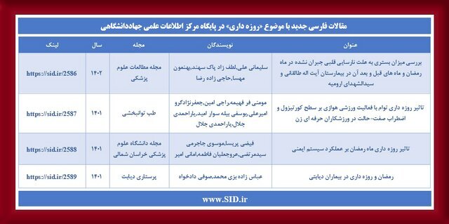 جدیدترین مقالات فارسی مرتبط با روزه داری