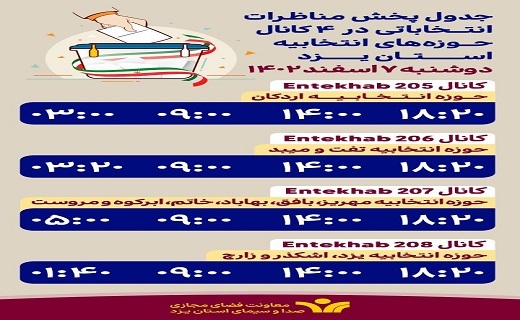 جدول پخش روز دوشنبه برنامه&zwnj;های تبلیغاتی نامزد&zwnj;های استان یزد