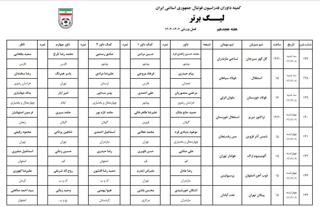 اسامی داوران هفته هجدهم لیگ برتر اسامی داوران هفته هجدهم لیگ برتر