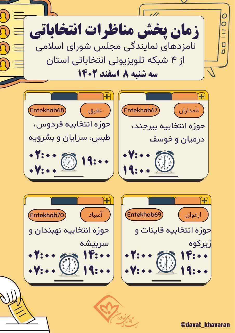 جدول پخش مناظرات نامزد&zwnj;های انتخاباتی در خراسان جنوبی از شبکه خاوران