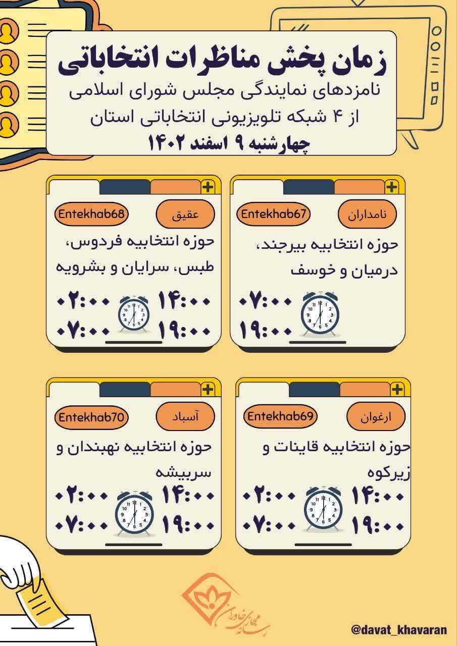 جدول پخش مناظرات نامزد&zwnj;های انتخاباتی در خراسان جنوبی از شبکه خاوران