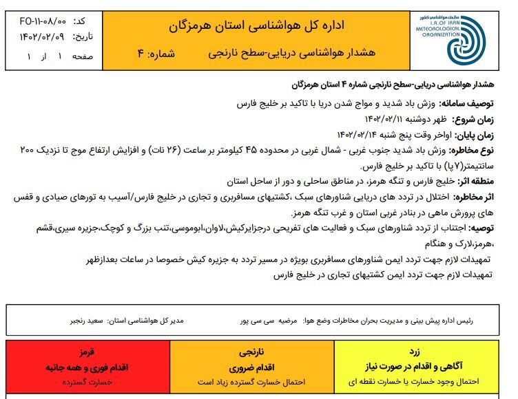 هشدار دریایی سطح نارنجی هواشناسی هرمزگان هشدار دریایی سطح نارنجی هواشناسی هرمزگان