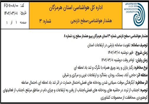 هشدار نارنجی هواشناسی هرمزگان درباره تقویت سامانه بارشی