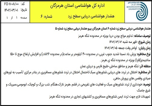 هشدار زرد هواشناسی هرمزگان درباره مواج شدن دریا