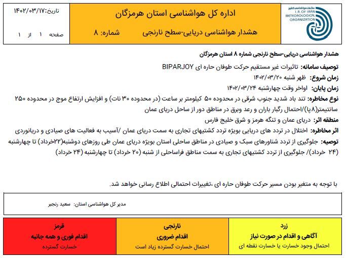 هشدار هواشناسی هرمزگان درباره تاثیرات غیر مستقیم طوفان حاره&zwnj;ای در سواحل هرمزگان