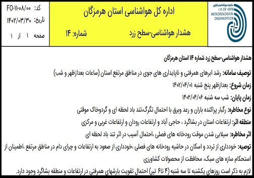 هشدار جوی سطح زرد هواشناسی هرمزگان هشدار جوی سطح زرد هواشناسی هرمزگان