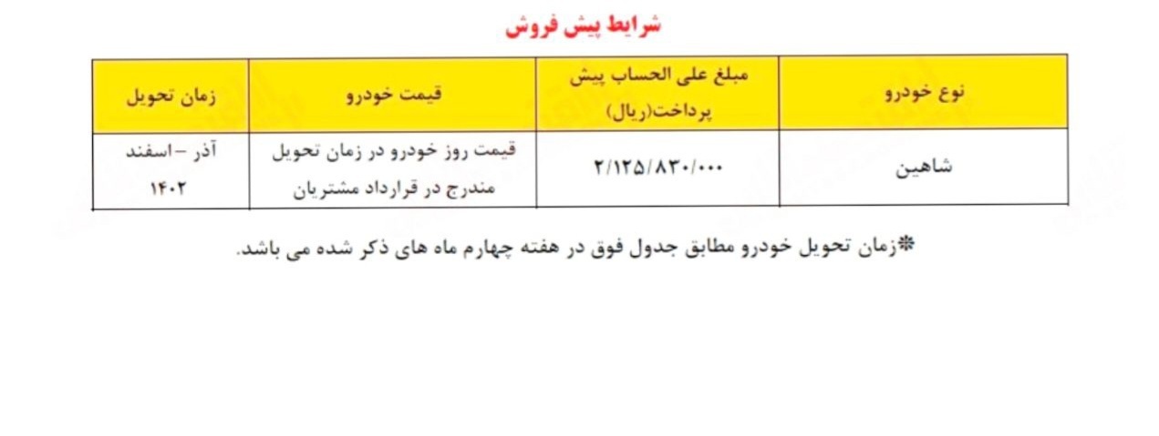 بخشنامه فروش اقساطی شاهین به قیمت کارخانه