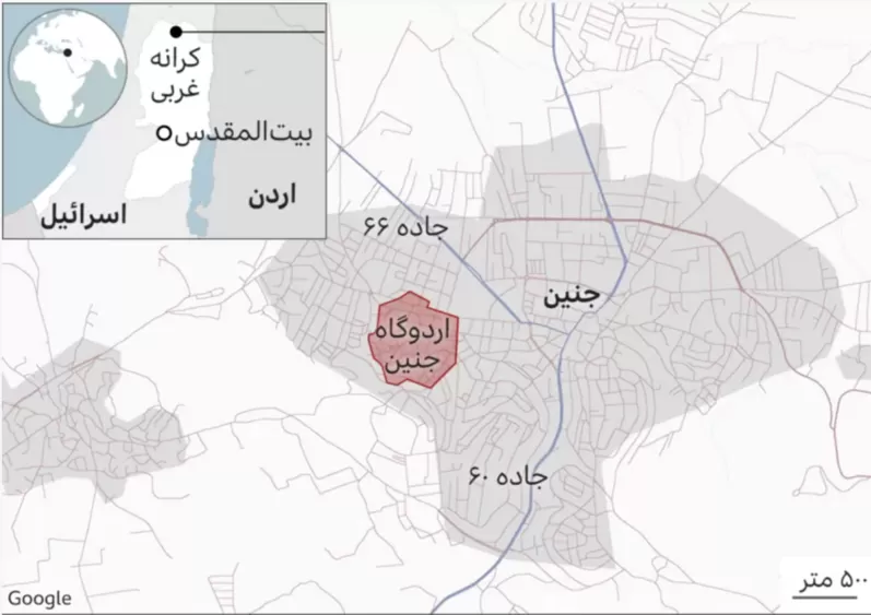 نقشه منطقه جنین در فلسطین اشغالی |&nbsp;منبع:&nbsp;BBC