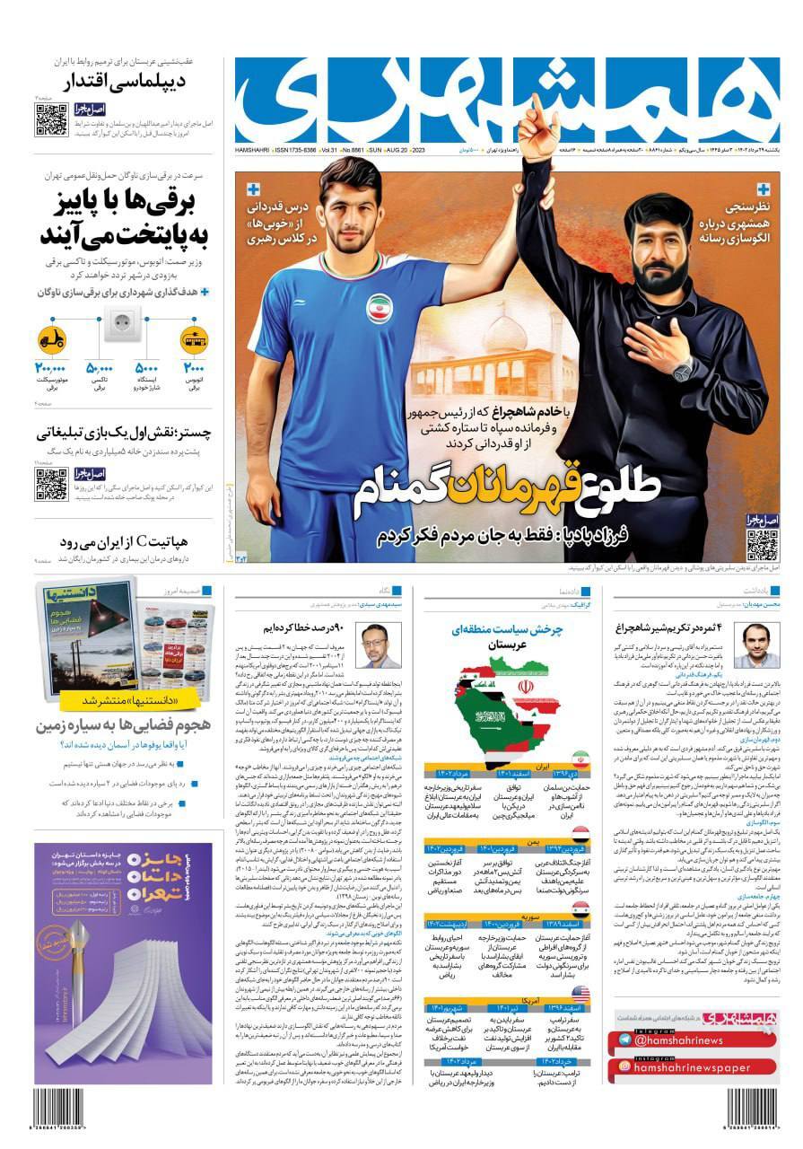 صفحه نخست روزنامهها - یکشنبه ۲۹ مرداد روزنامه همشهری