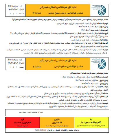 هشدار سطح نارنجی هواشناسی هرمزگان