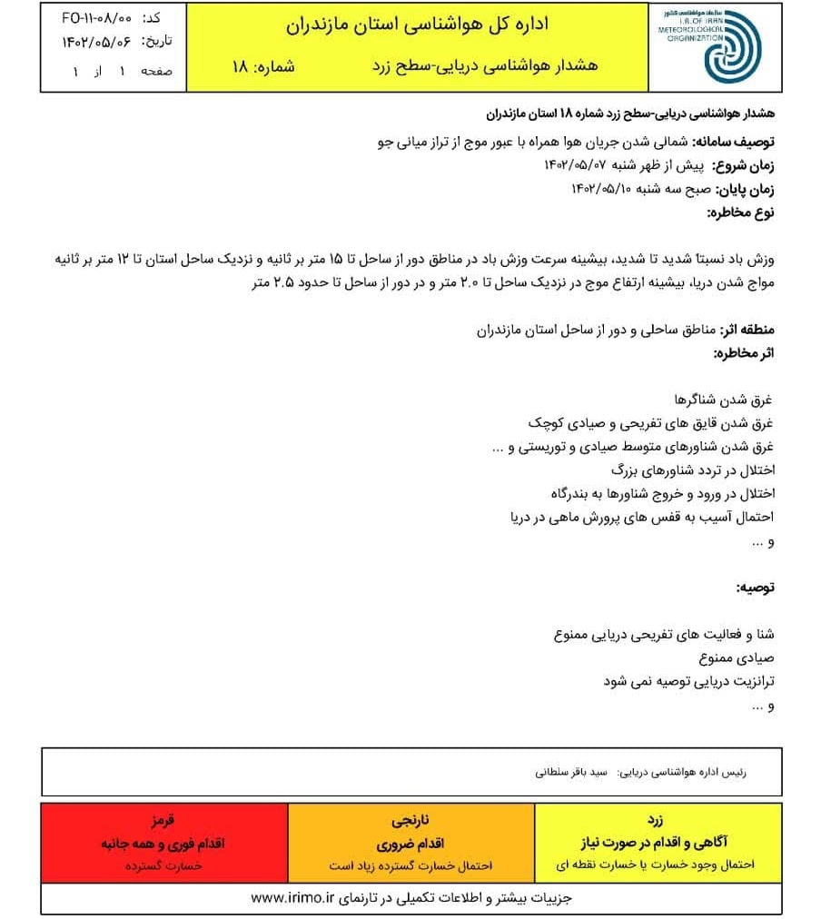 صدور دو هشدار زرد هواشناسی برای مازندران
