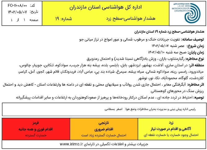 صدور دو هشدار زرد هواشناسی برای مازندران