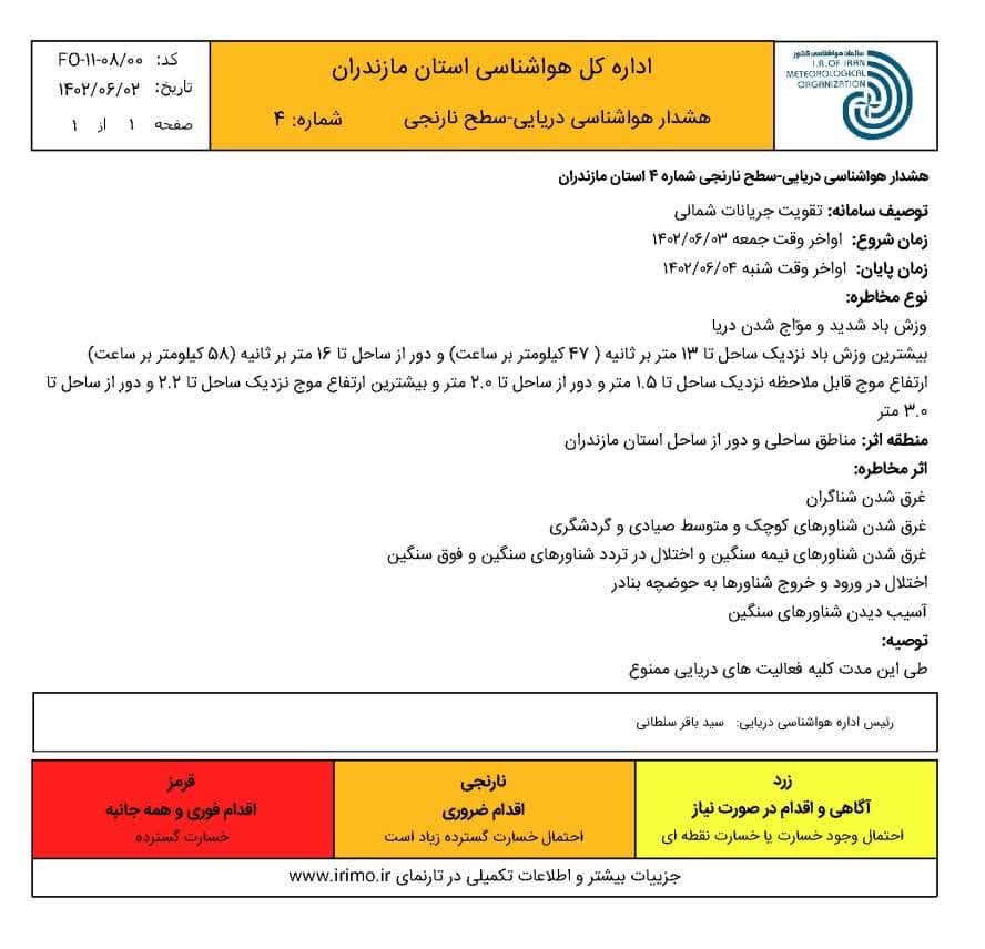 افزایش ارتفاع موج دریای خزر تا ۳ متر ، همه فعالیت های دریایی ممنوع است