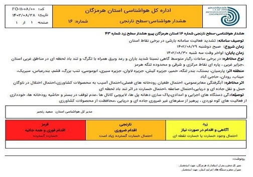 هشدار هواشناسی هرمزگان درباره فعالیت سامانه بارشی