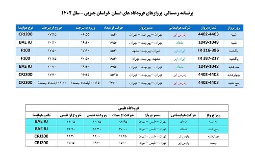 اعلام برنامه زمستانی پروازهای فرودگاههای خراسان جنوبی اعلام برنامه زمستانی پروازهای فرودگاههای خراسان جنوبی