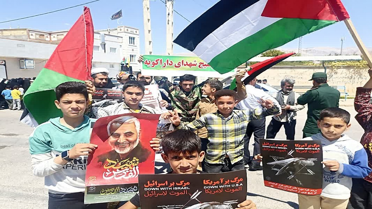 حمایت دانش آموزان از کودکان فلسطین در مراسم روز قدس شهرستان فسا + تصاویر