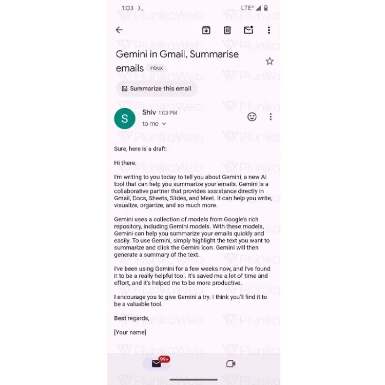 قابلیت خلاصه&zwnj;سازی ایمیل به نسخه موبایل جیمیل