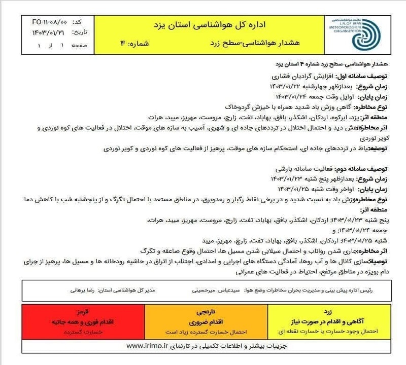 هشدار سطح زرد در یزد