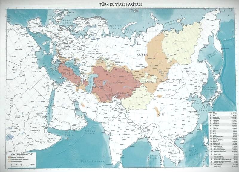 نقشه جهان ترک مدنظر ترکیه که در آن مناطق شمال غرب ایران هم زمیمه شده است