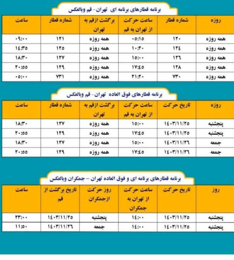 برقراری قطار&zwnj;های فوق العاده به قم و جمکران در پایان هفته+عکس