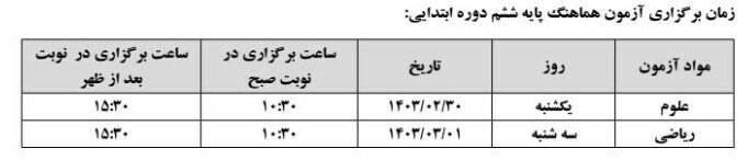 تغییر برخی از امتحانات پایه ششم ابتدایی