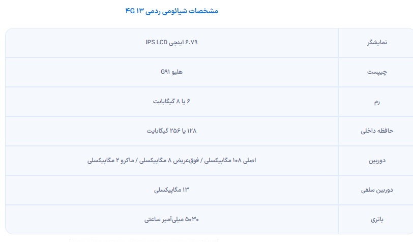 مشخصات شیائومی ردمی ۱۳ 4G