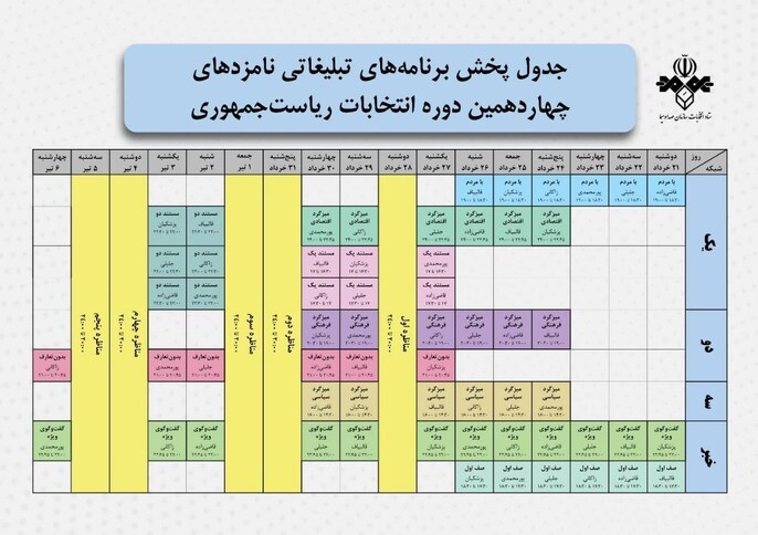 جدول پخش برنامه تبلیغاتی نامزدهای انتخابات ریاست&zwnj;جمهوری در رسانه ملی