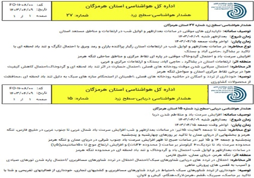 صدور هشدار زرد دریایی و هواشناسی در هرمزگان&nbsp;