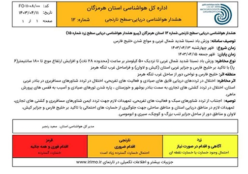 هشدار هواشناسی دریایی سطح نارنجی در هرمزگان&nbsp;