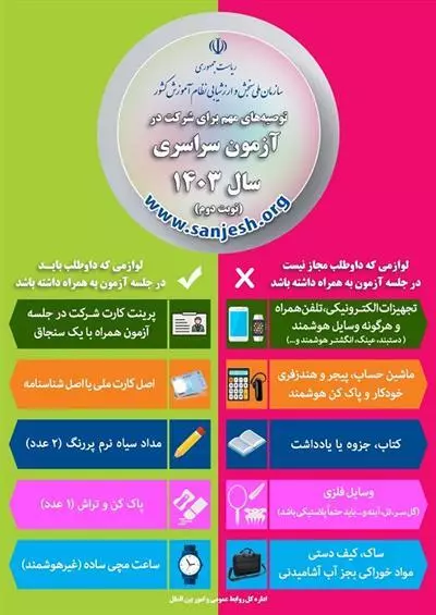 لوازم مورد نیاز داوطلب برای حضور در جلسه آزمون