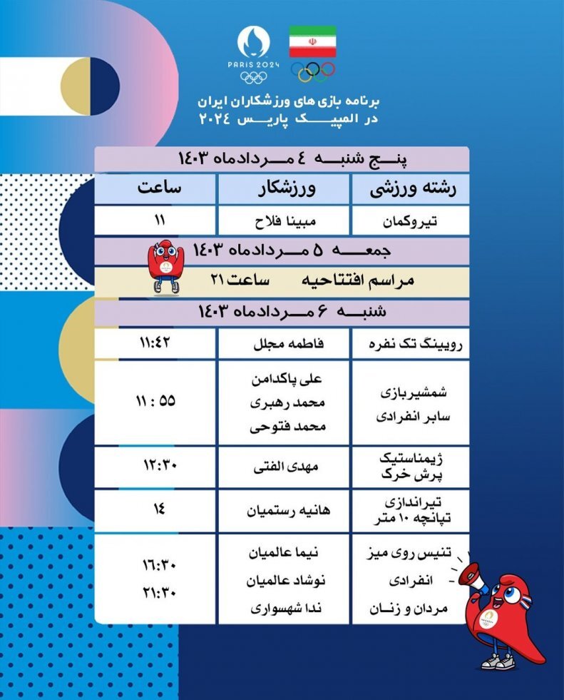 برنامه کاروان ایران در المپیک پاریس ۲۰۲۴