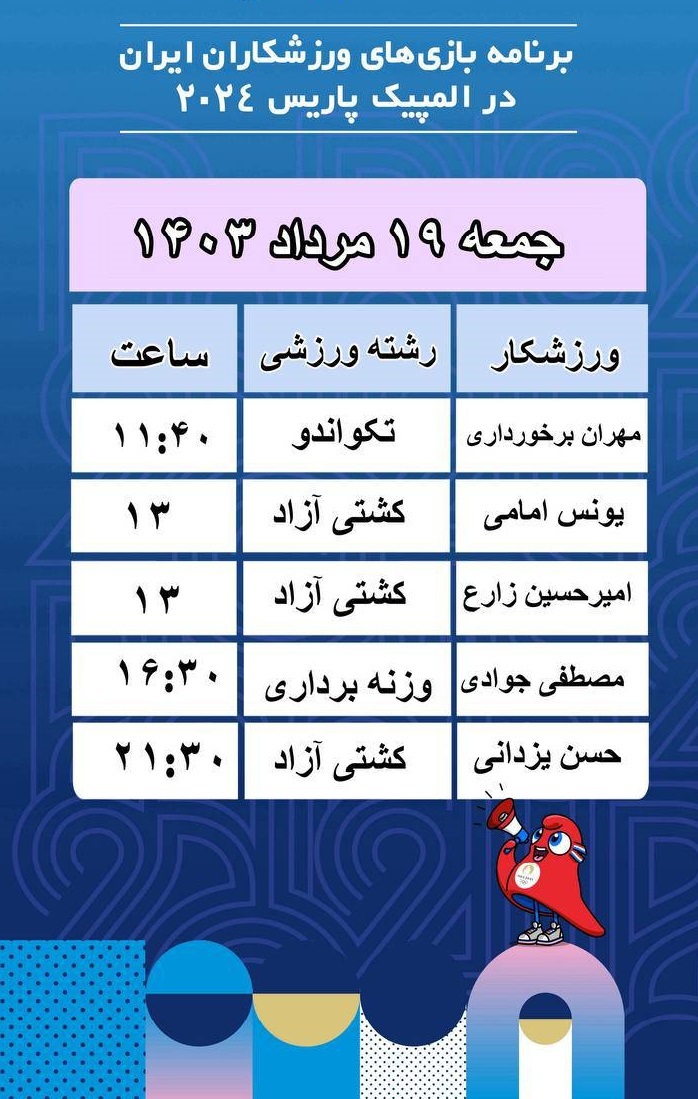 برنامه کاروان ایران در چهاردهمین روز المپیک پاریس