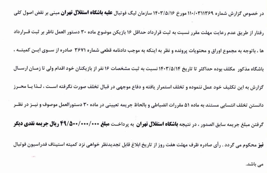اعلام آرای انضباطی کمیته انضباطی فدراسیون فوتبال